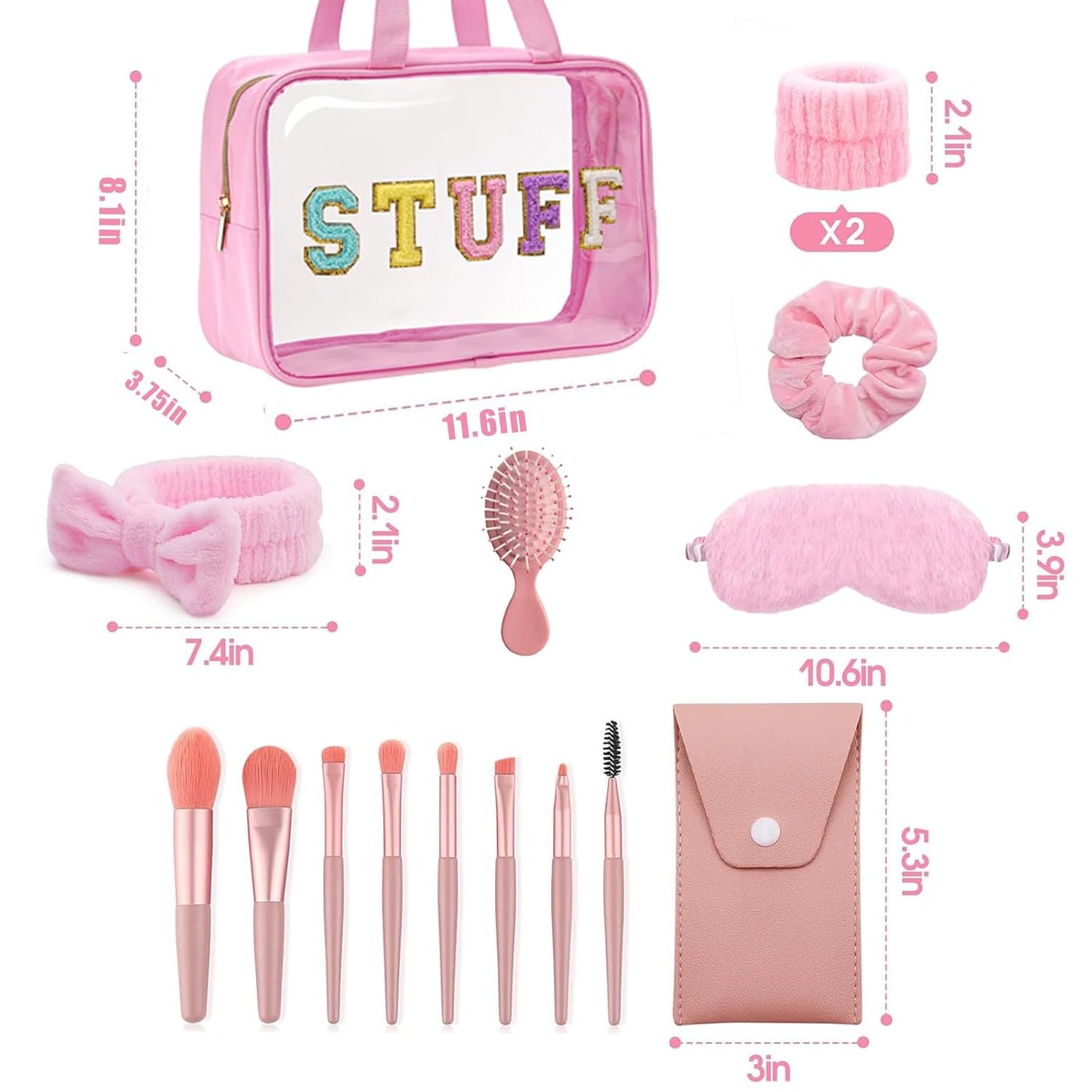 Spa Day Kit for Women - Sleepover Gift Set For Girls Pink Spa Kit and Mini Wet Hair Brush,Teens Initial Makeup Kit with Makeup Brush Set,Bridesmaids Party Favors-Waterproof Toiletry Travel Bag.