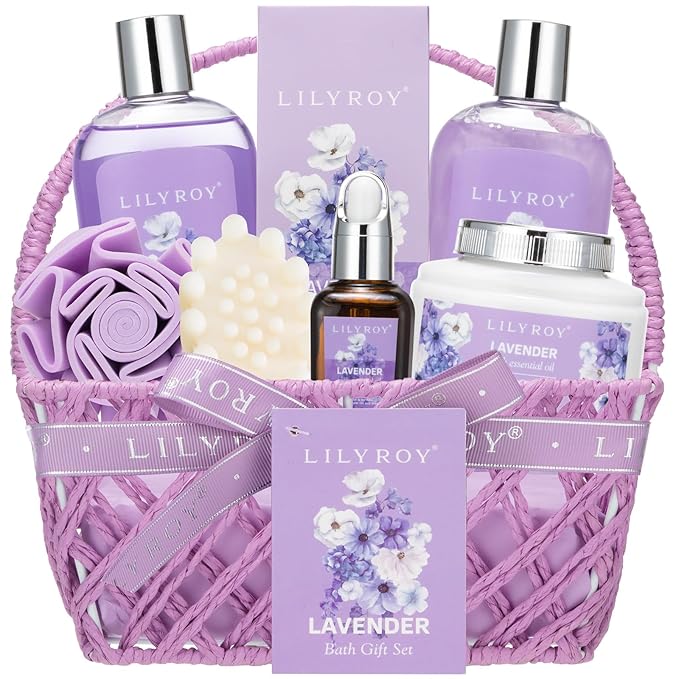 Mothers Day Gifts for Mom - 8 Pcs Lavender Bath & Body Gift Set for Women, Spa Gift Basket with Bath Bomb | Christmas, Birthday Gifts, Self Care & Pampering Gifts for Her, All Occasion Holiday Present