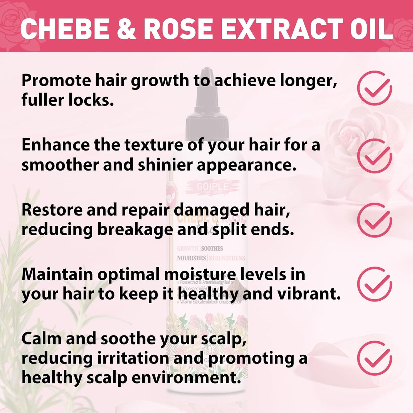 Chebe & Rose Hair Oil for Hair Growth, Chebe & Rose Extract Oil Moisturizer for Scalp, African Chebe Powder for Hair Growth Stronger Thicker, Natural Chebe Hair Growth Oil for All Hair Types 4fl oz