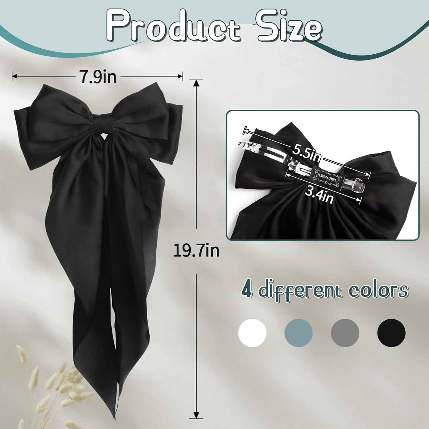 Silky Satin Hair Bows - 4PCS Ribbon Bows for Women & Girls, Big Bow Hair Clips with Long Tail, Barrettes - Cute Hair Accessories Gifts (Black, Blue Grey, Grey, White)