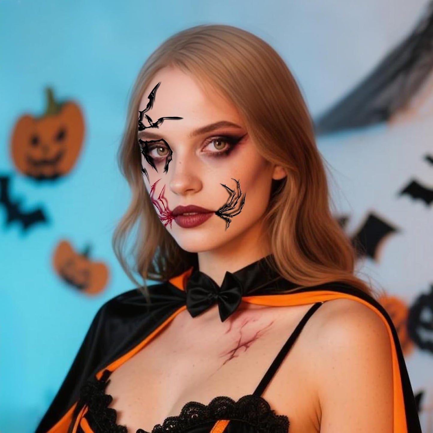 Halloween Face Tattoos, Spider Silhouette & Glitter Stars Face Tattoos,Horror Face Temporary Tattoos,Cosplay Face Makeup Tattoo Stickers, Easy Temporary Face Body Decals for Women,Girls 8Pcs