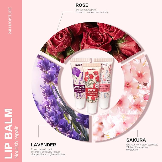 Lip Balm with Floral Fragrance - Enchanting Roses, Fragrant Lavender & Elegant Plum Blossoms - Perfect Stocking Stuffers for Women & Birthday Gifts for Women，100% natural lipstick