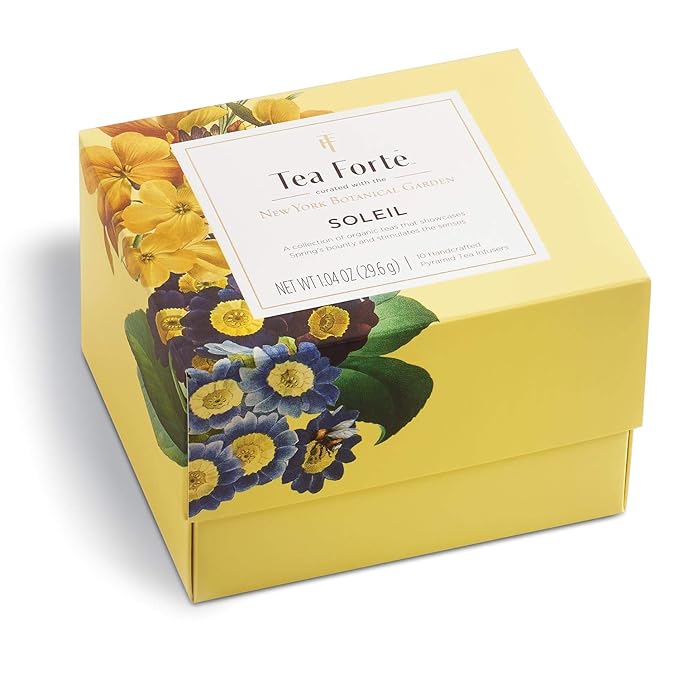 Tea Forte Soleil 3-Piece Mother's Day Tea Gift Set with Yellow Cafe Cup with Lid, Tea Tray and 10 Assorted 2 of Each Variety Organic Handcrafted Pyramid Infuser Tea Bags