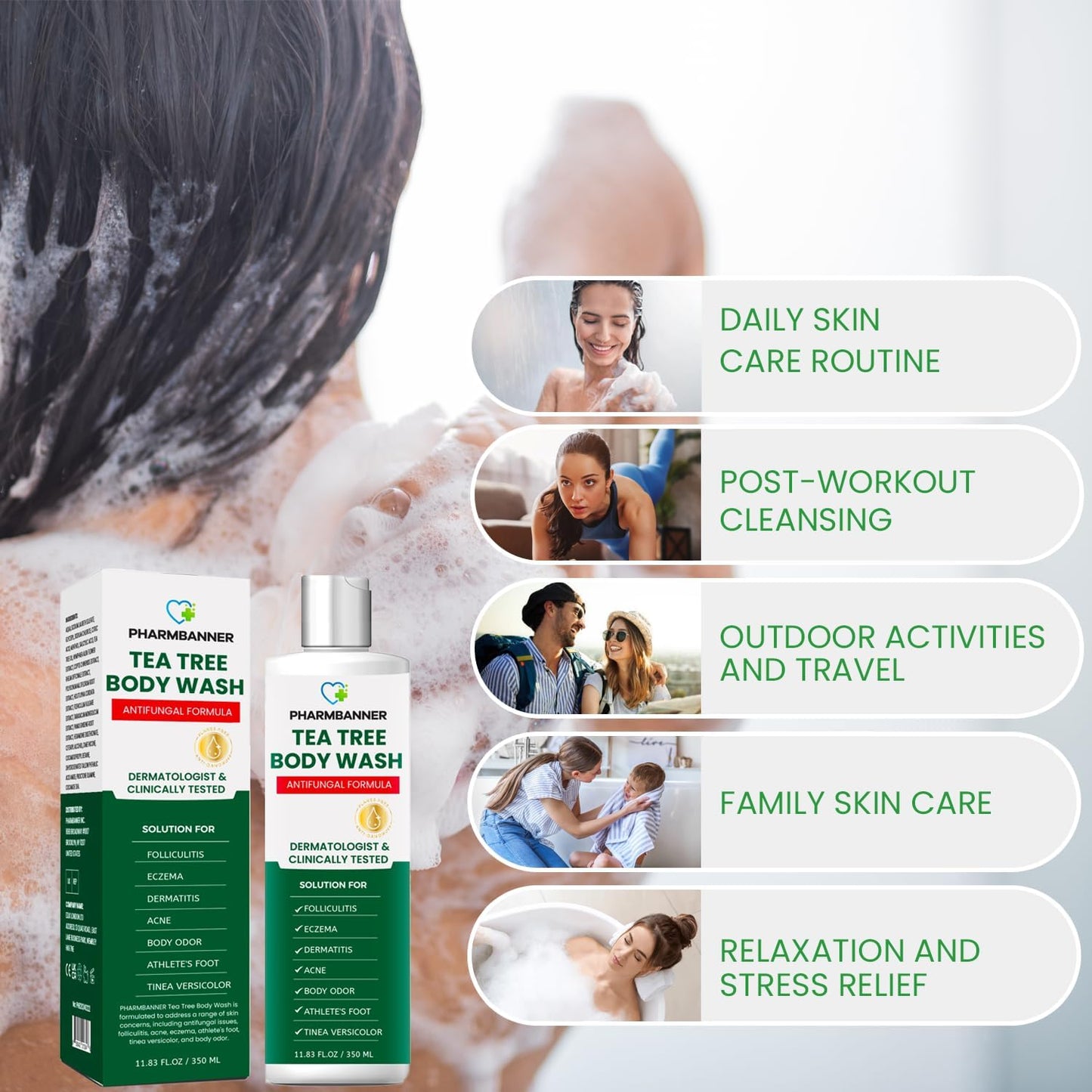 Tea Tree Antifungal Body Wash – Soothes Folliculitis, Acne, Jock Itch, Athlete’s Foot, Ringworm, Tinea Versicolor, Body Odor, Eczema & Dermatitis-Prone Skin