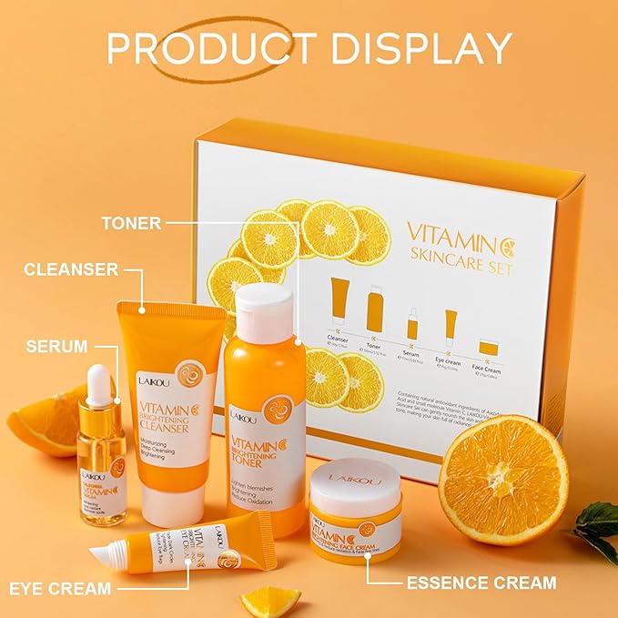 Vitamin C Skincare Set for Teenage Girls, 5-In-1 Skin Cleaning & Care Travel Size Kit With Cleanser, Toner, Face Serum, Eye Cream, Face Cream