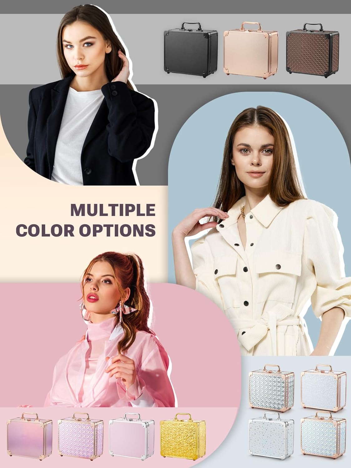 Qislee Makeup Box with A Detachable Lighted Mirror, Waterproof Travel Train Case, Cosmetic Organizer Bag and Makeup Suitcase with Adjustable Dividers, Magnetic LED Mirror (Bling Gold)