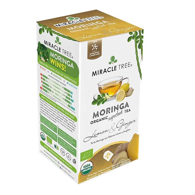 Miracle Tree - 3 Count of Organic Moringa Superfood Tea, 25 Individually Sealed Tea Bags, Lemon & Ginger (Keto, Detox, Energy/Immunity Booster, Vegan, Gluten-Free, Organic, Non-GMO, Caffeine-Free)