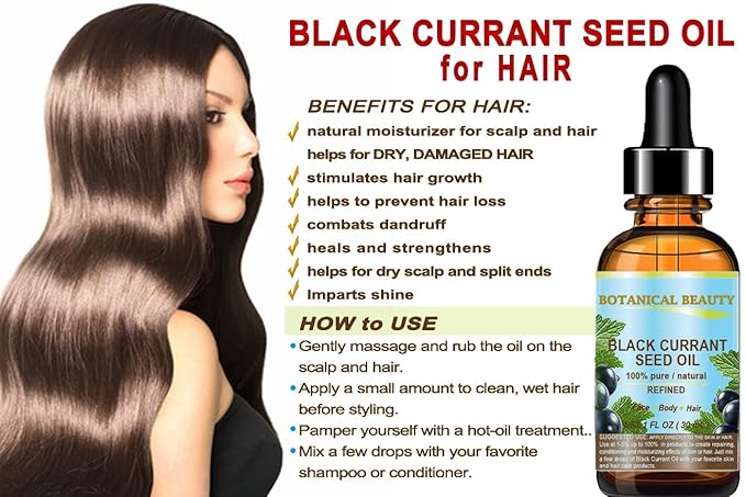 BLACK CURRANT SEED OIL 100% Pure Natural Undiluted Refined Cold Pressed Carrier oil. 1 Fl.oz. - 30 ml For Face, Skin, Hair, Lip, Nails. Rich in Gamma Linolenic acid, Omega 3 by Botanical Beauty
