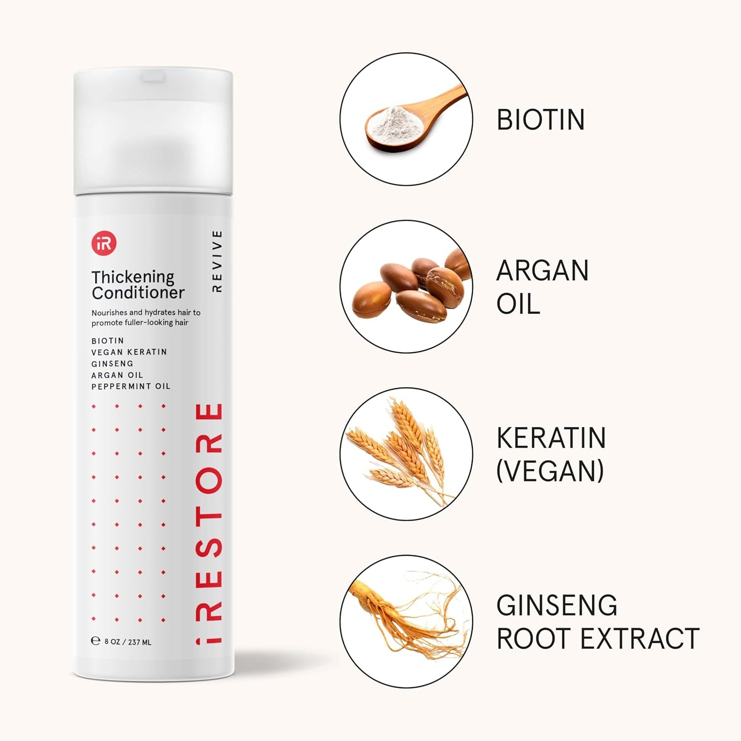 iRestore Max Growth Bundle includes our Hair Growth Formula Supplement, Growth Activator Serum, Thickening Shampoo, and Conditioner to Combat Thinning and Promote Growth