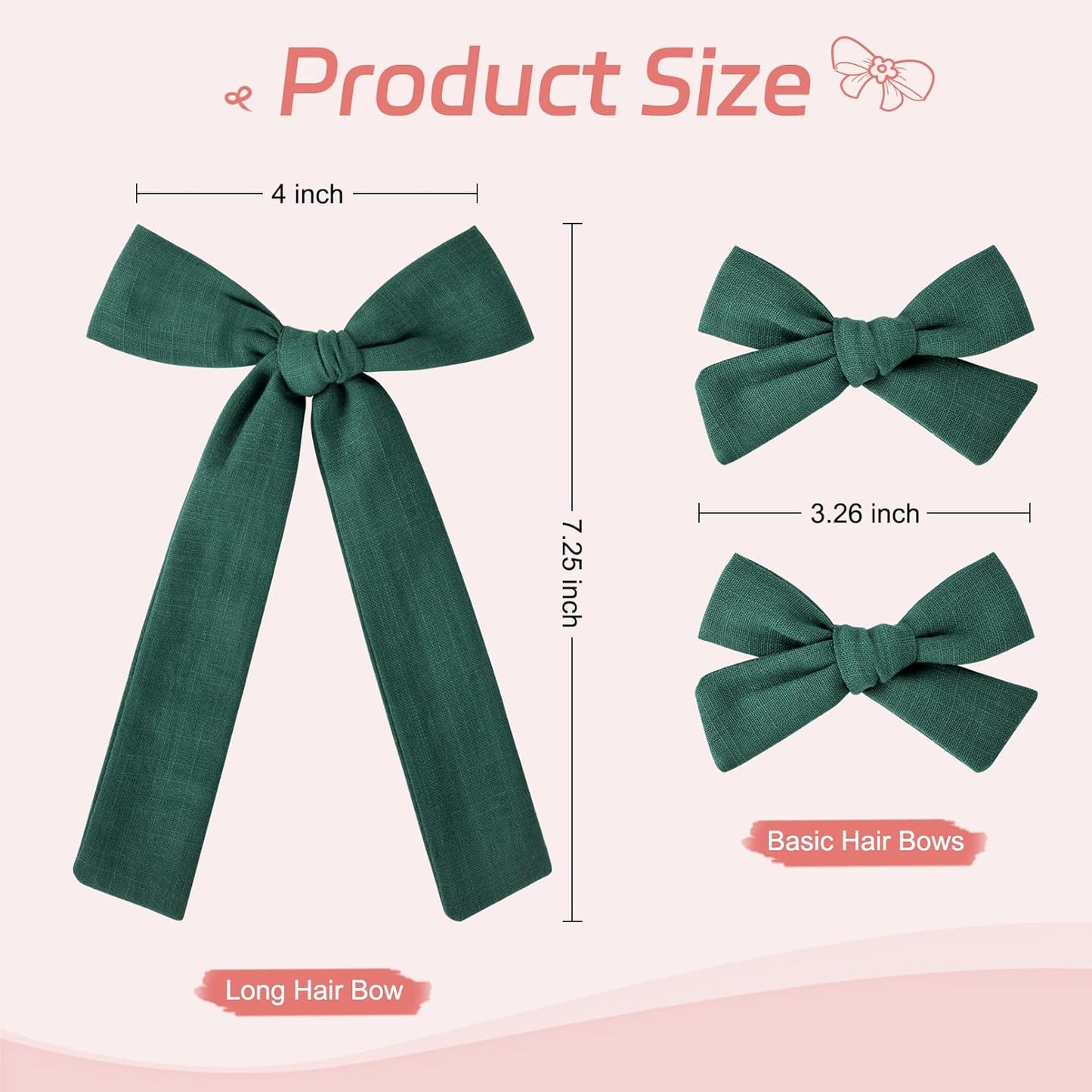 DEEKA Dark Green Cotton Linen Hair Bows 2 Sizes 5"&3.5" Soft Hair Bow set for Toddler Girls Long Ponytail Knot Bows Alligator Clip Hair Accessories for Little School Girls (Dark Green)