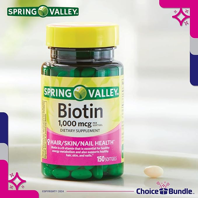 Spring Valley Biotin Softgels 1000mcg Dietary Supplement for Hair Skin Nail Health 150 Ct 4 pk (600 Total) + Vitamin Guide & Pill Container (6 Items)!