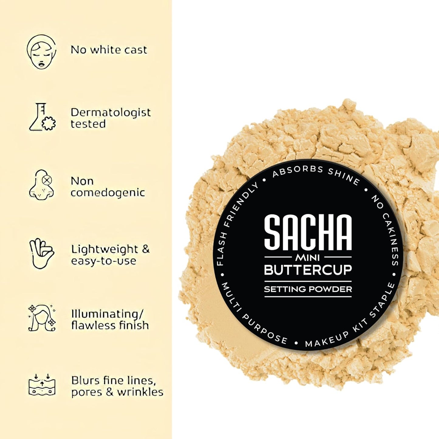 Sacha BUTTERCUP Mini Setting Powder. No Ashy Flashback. Blurs Fine Lines and Pores. Loose, Translucent Face Powder to Set Makeup Foundation or Concealer. For Medium to Dark Skin Tones, 0.35 oz.