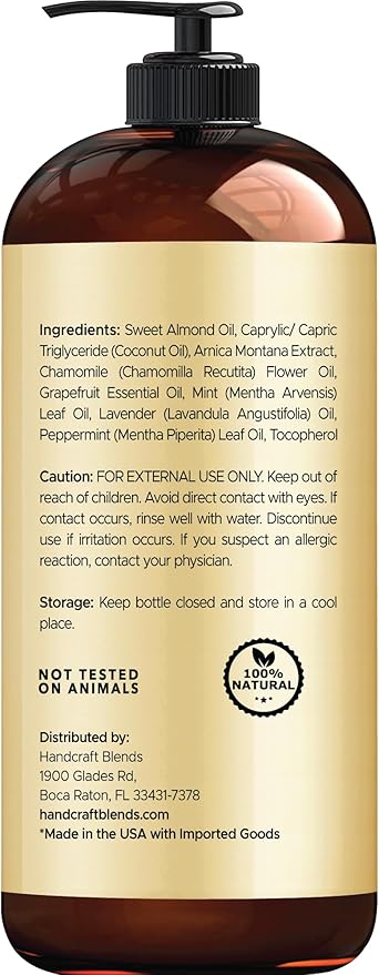 Handcraft Blends Sore Muscle Massage Oil 8 Fl Oz - Moisturizing Body Oil for Massage Therapy - Made with Arnica Extract, Chamomile, Lavender, Peppermint Oils