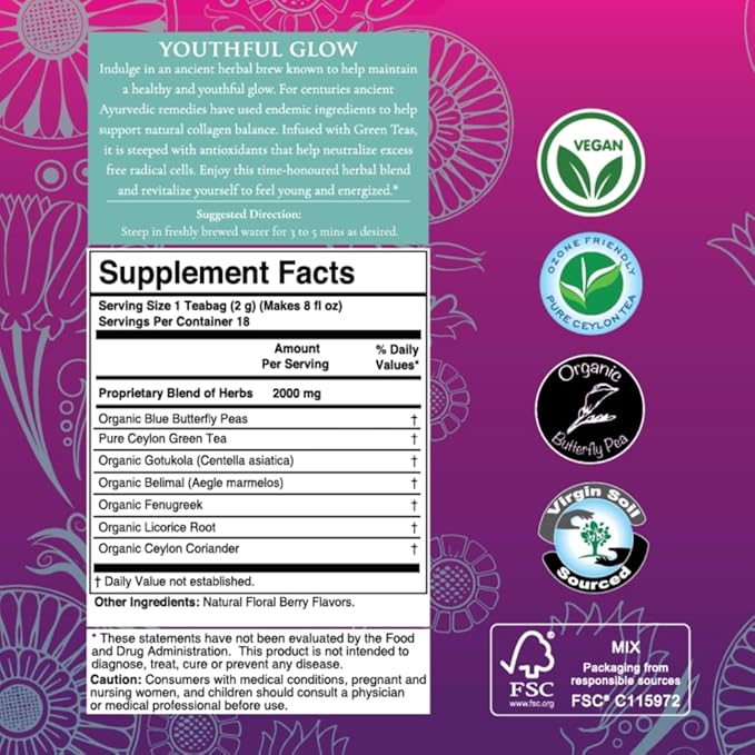 Térapy Ceylon Youthful Glow Herbal Tea Bags | Helps Maintain Healthy Skin and Hair | 100% Natural Blue Butterfly Peas, Licorice Root, Green Tea & More | Individually Wrapped Organic Tea Bags |18 Count