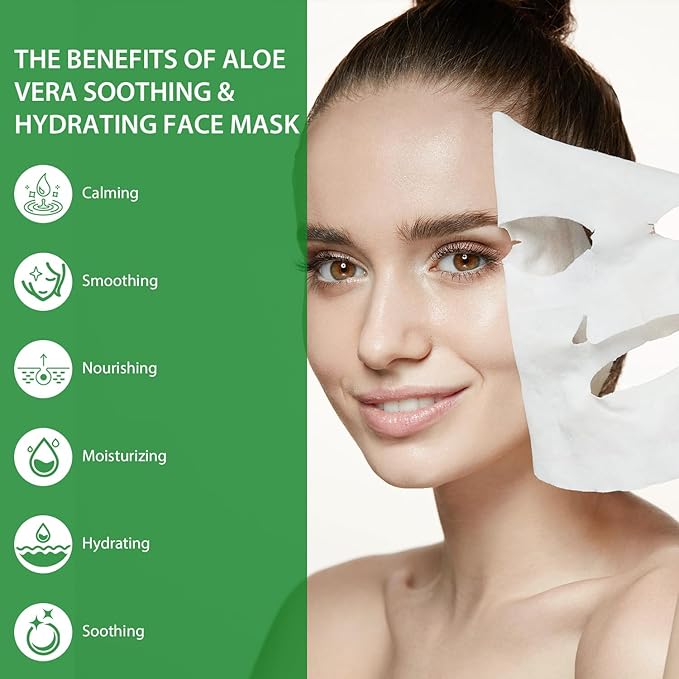 Aloe Vera Soothing Mask Hydrating Face Masks Skincare Moisturizing Facial Sheet Mask Skin Care for Dry, Oily, Sensitive Skin Face Mask for Acne, Sun Care, Refreshing, 10 Pack (Aloe Vera Face Mask)