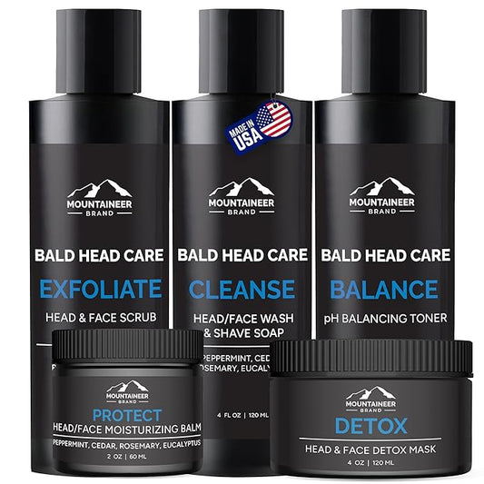 Mountaineer Brand Ultimate Bald Head Care Gifts Bundle For Men | All Natural 5 Step Skin Care for Healthy Scalp & Face | Exfoliate Scrub | Cleanse Wash | Shine Away | Moisturizing Balm | Detox