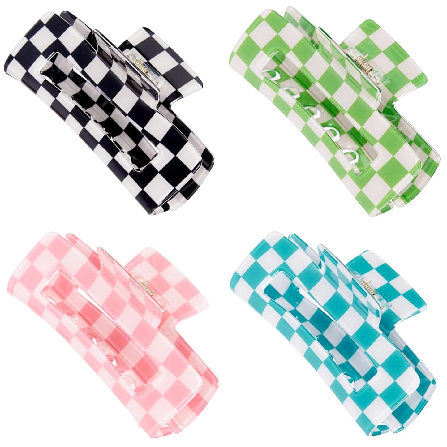 Checkered Rectangle Hair Claw Clips, Large Acrylic Multicolored Square Checker Barrettes for Thin Thick Hair Cute Non Slip Hair Jaw Clips Strong Hold Rectangle Claw Clamps for Women Ladies (4 Pack)