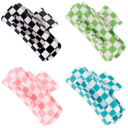 Checkered Rectangle Hair Claw Clips, Large Acrylic Multicolored Square Checker Barrettes for Thin Thick Hair Cute Non Slip Hair Jaw Clips Strong Hold Rectangle Claw Clamps for Women Ladies (4 Pack)