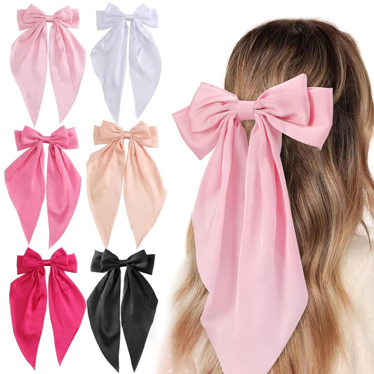 Hair Bows for Women, 6 PCS Silky Satin Hair Clips, Large Bow Hair Barrettes, Oversized Long Tail, Pink Color, Metal Bow Hair Clips, Aesthetic Hair Accessories