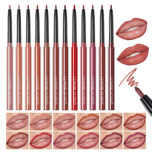 QiBest 12Pcs Crayon Lipsticks Gel Lip Liner Pencil Set, Creamy Long-Lasting Lip Colors Makeup Kit for Women and Girls, Retractable Lipliner Pencils Pack with Rich Color & Smooth Application