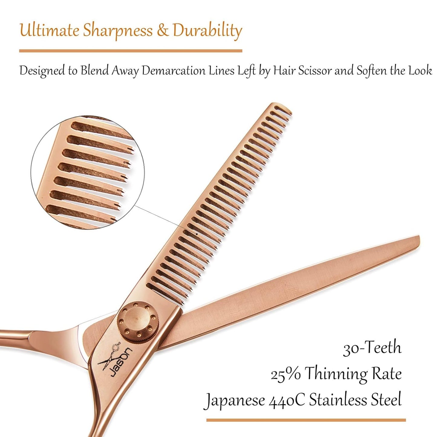 JASON 6" Hair Thinning Scissors, 30 Teeth Hair Blending Scissor Professional Trimming Hair Cutting Shears for Barber, Hairdresser, Stylist, Women and Men, Japanese 440C Stainless Steel