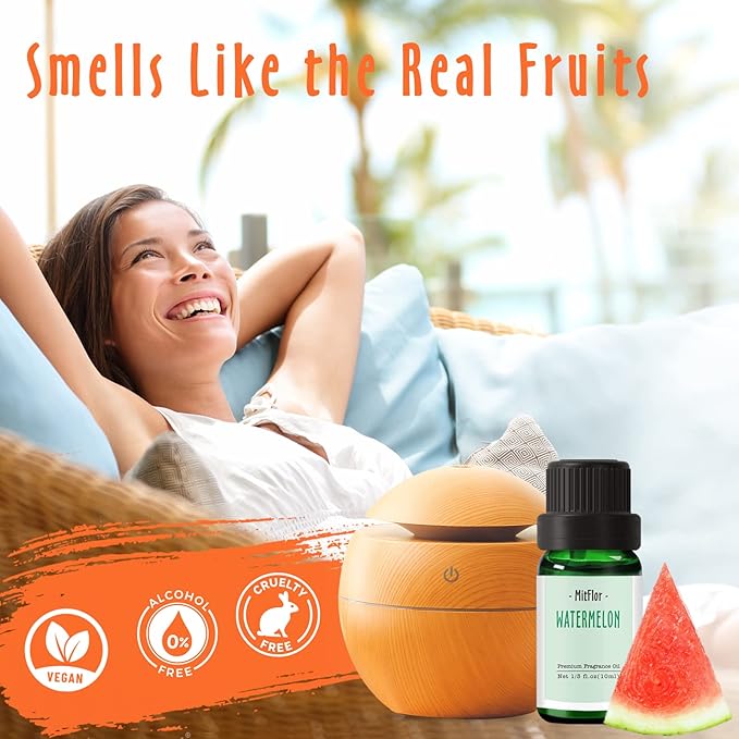 Fragrance Oil, MitFlor Premium Fruit Essential Oils Set, Fruity Scents for Soap & Candle Making, Summer Diffuser Oils, Refreshing & Long-Lasting, Peach, Cherry, Watermelon, Blueberry, Grape, Melon
