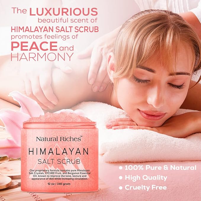 Natural Riches Himalayan Salt Exfoliating Body Scrub Lychee Bergamot Essential oil with Vitamin C - (12 Oz / 340 gm) Moisturize Deep Cleansing foot scrub body skin exfoliator