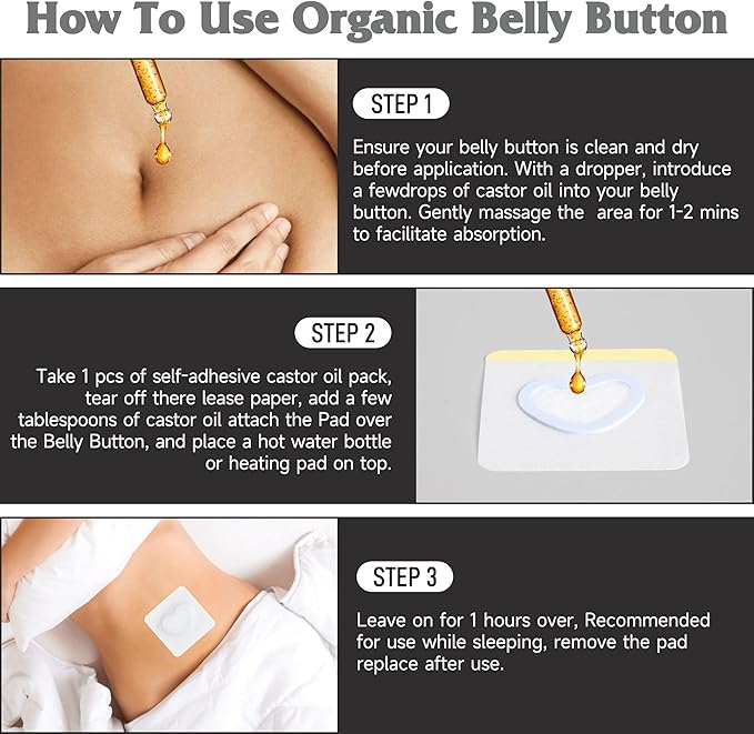 30Pcs Castor Oil Pack Wrap in Belly Button for Liver Detox, Highly Absorbent Self-Adhesive Castor Oil Wrap Organic Cotton, Anti-Seepage(Oil Not Included)