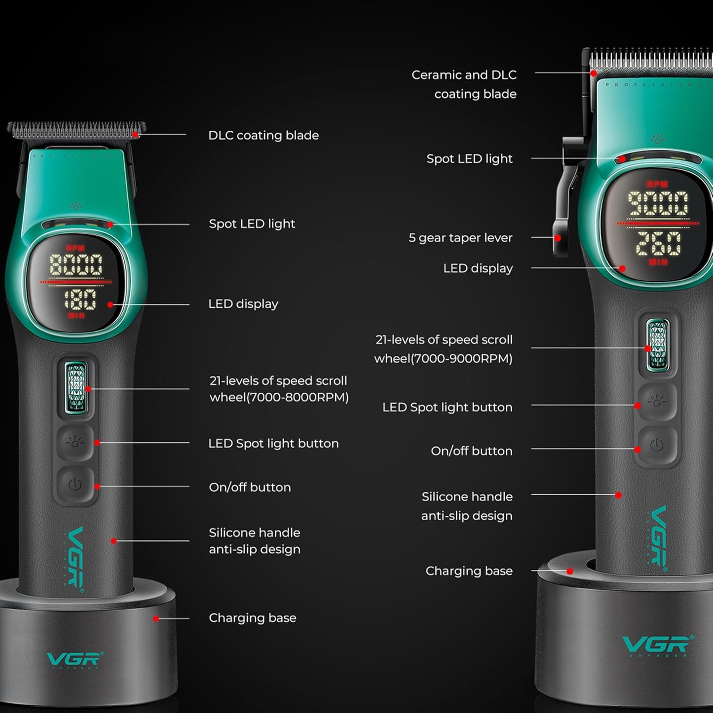 VGR 885 S2 Cordless Barber Clippers and Trimmers Kit, Professional Hair Clippers for Men, Haircut Kit with DLC-Coated Ceramic Blades, 21-Speed Roller, 2 Magnetic Charging Bases, LED Display, Green