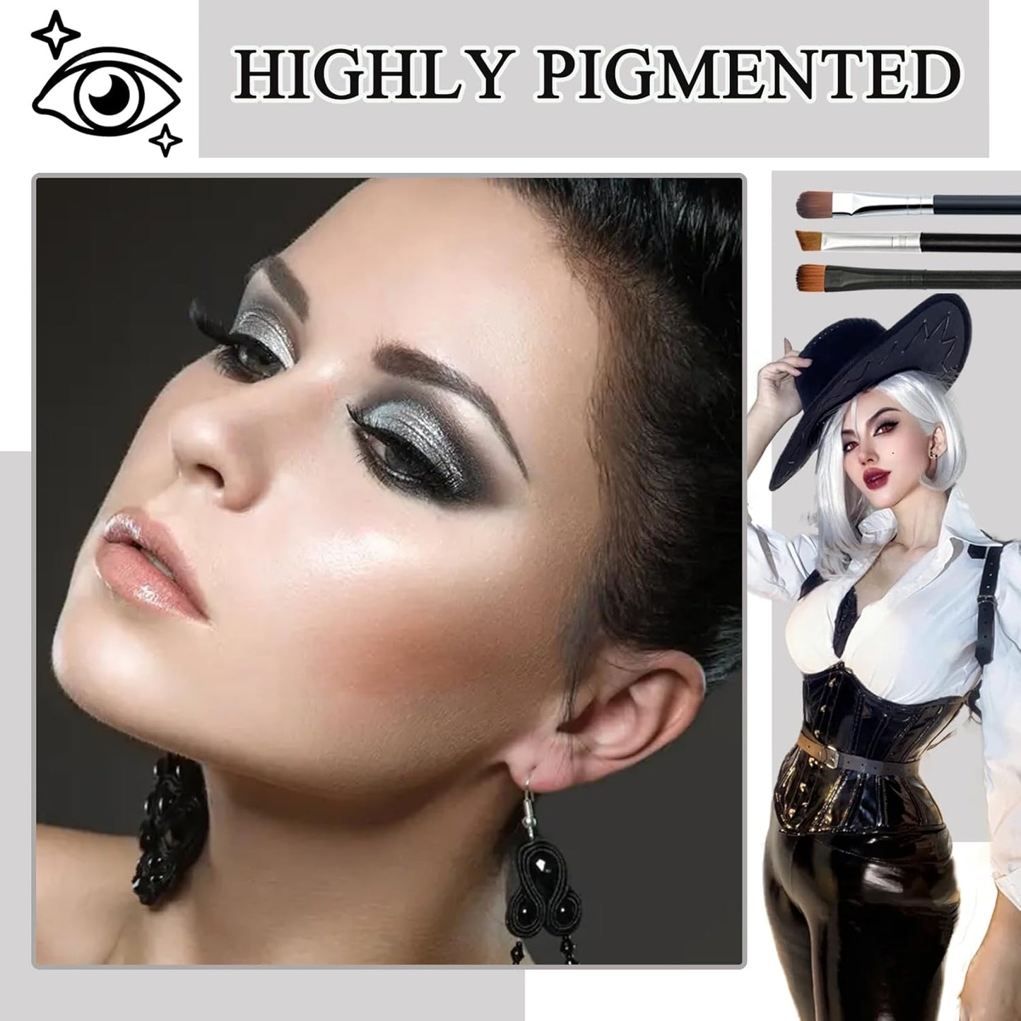 Black Grey Smoky Eyeshadow Palette,15 Colors Matte Shimmer Pigmented Eye Shadow Makeup Palette Set with 3 Eyeshadow Brushes,Glitter Eyeshadow Makeup Palette for Daily Halloween Goth Makeup(L)