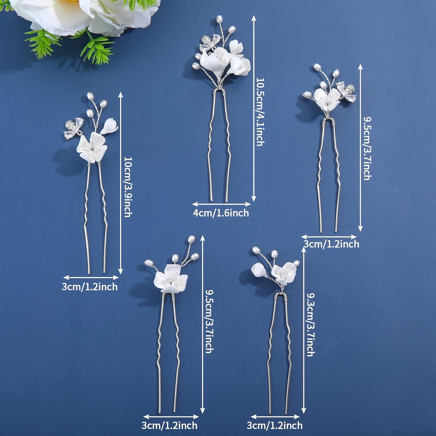 Handmade Bridal Wedding Hair Pins 5Pcs White Flower Zircon Pearl Hair Clips Silver Bridal Hair Accessories for Women Girls Brides Bridesmaid
