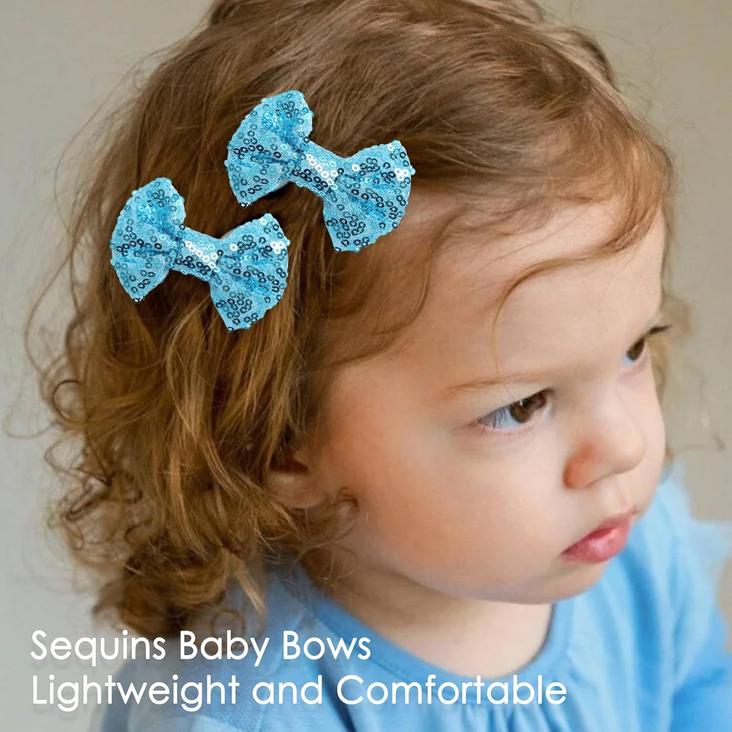 KISZU 3 Inch Glitter Hair Bows Clips, Sparkling Sequin Little Bow HairPins for Baby Girls Children Teens and Women (Blue)