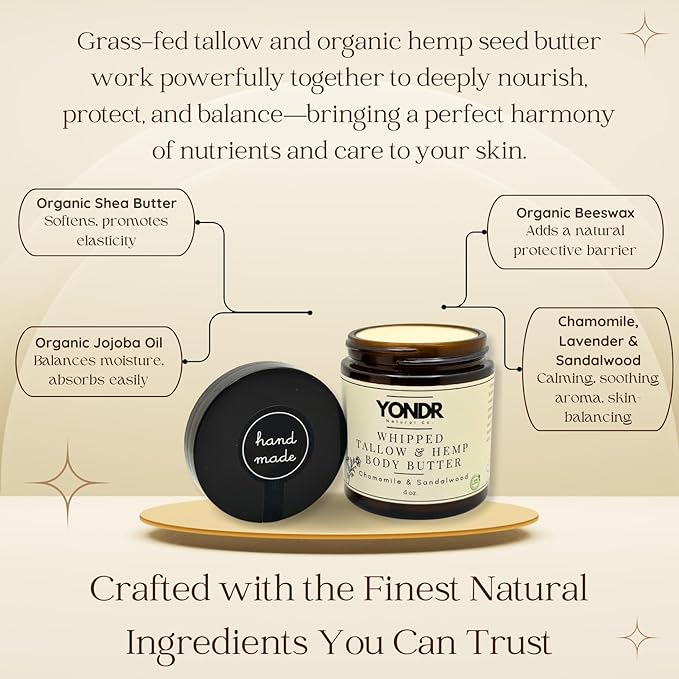 All-Natural Tallow & Hemp Body Butter | Chamomile & Sandalwood Scent | Deeply Hydrating Skincare | 2 oz