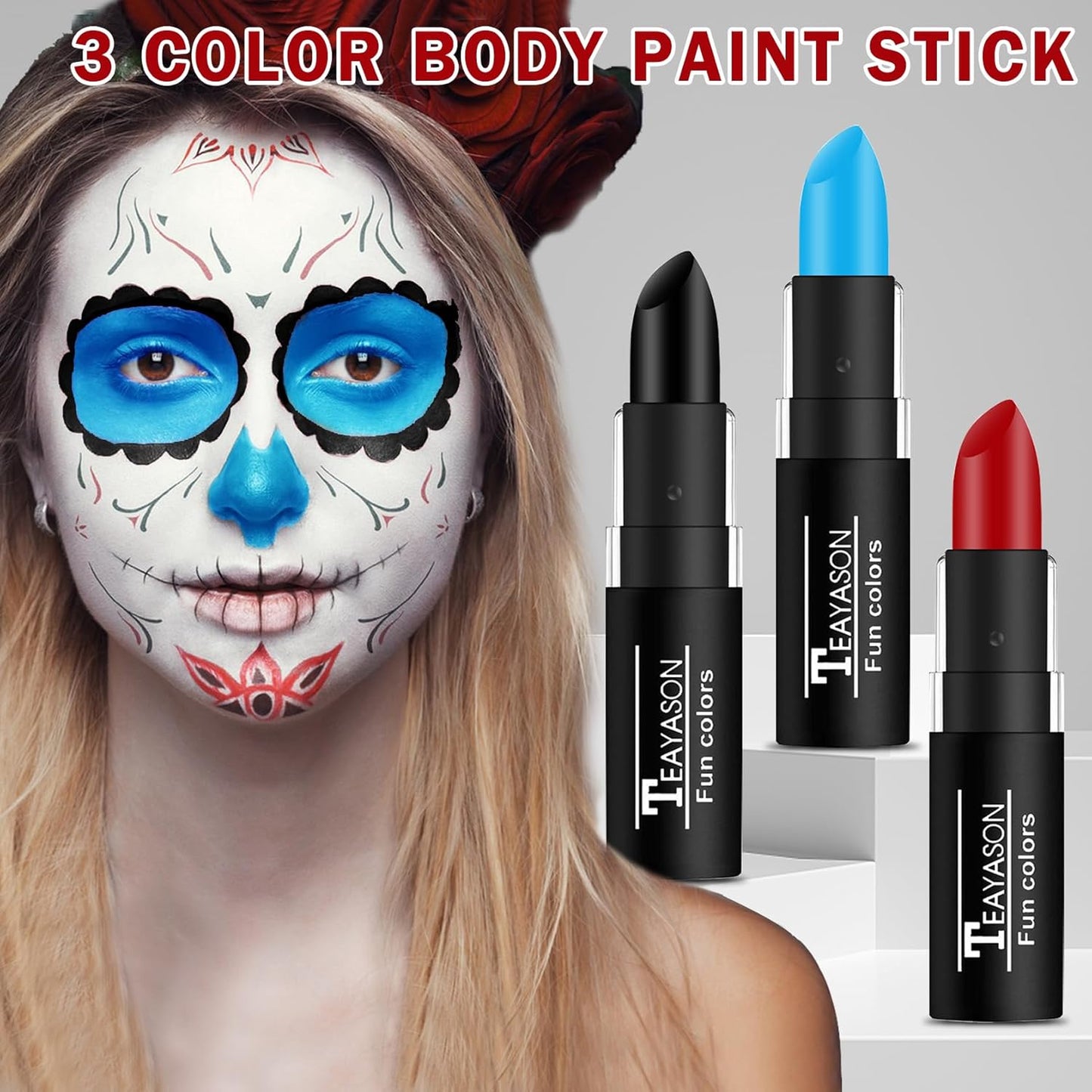 3 Colors Face Body Paint Eye Black Sticks for Sports Football Baseball Softball,Convenient Design Facepaint for Halloween SFX Clown Cosplay Makeup（Blue/Black/Red Body Paint Sticks）