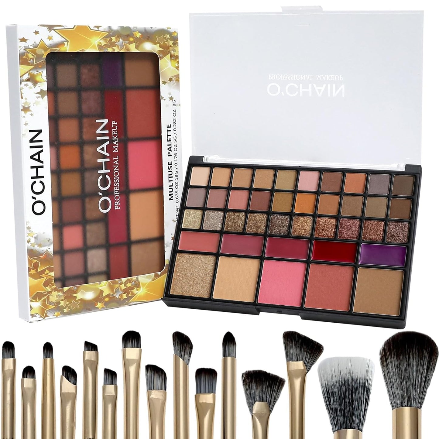 O'CHAIN 40 Colors Makeup Palette Set, with 30 Eye Shadows, 5 Lipsticks, 5 Face and 15 Professional Makeup Brushes, Vegan & Cruelty-Free, for All Skin Tones Beauty Kit