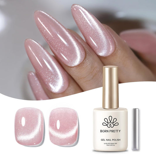 Born Pretty Cat Magnetic Eye Gel Nail Polish, Translucent Milky Pink Cat Magnetic Gel, Jelly Glitter Off Nail Art Salon Manicure Home Gift 15ml