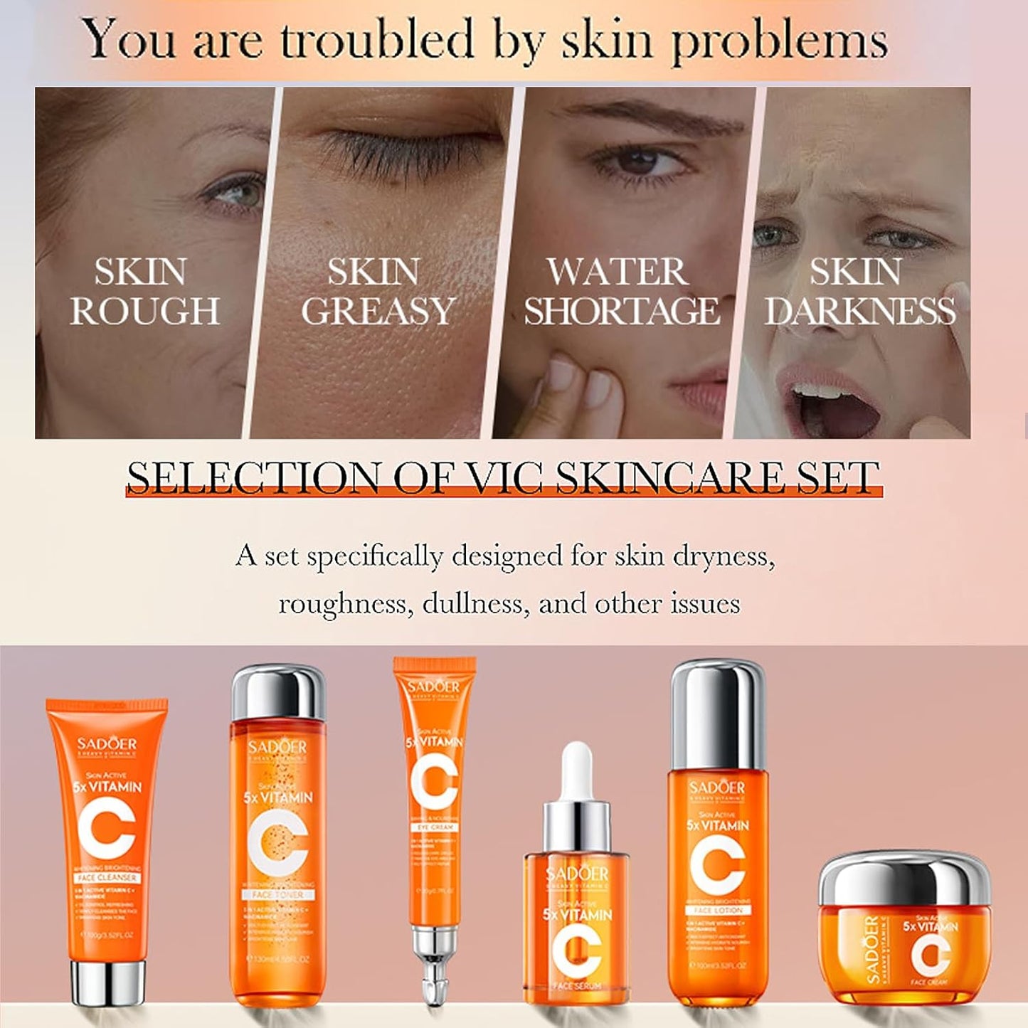 Vitamin C Skin Care Set With Cleanser, Toner, Face Serum, Face Cream, And Eye Cream, Face Lotion,Skin Care Products For Teenage Girls, Gentle Skin Cleaning & Care Travel Size Kit