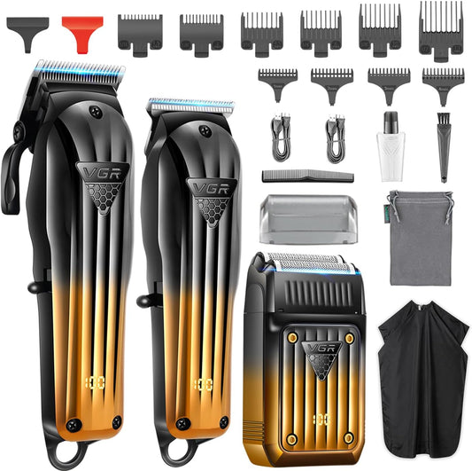 VGR 644 Hair Clippers for Men Professional, Cordless Beard Trimmer & Electric Razor Shavers for Men, Rechargeable 3 Piece Barber Hair Cutting Kit LED Display Men's Grooming Kit