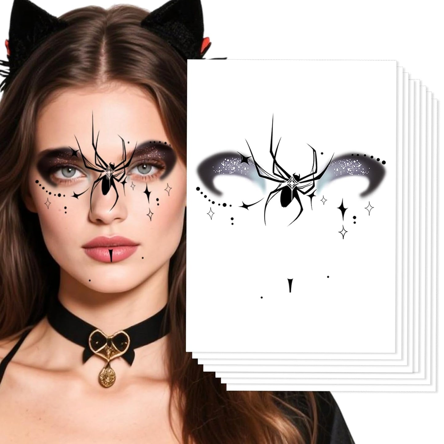 8Pcs Halloween Face Tattoos, Spider Silhouette & Glitter Stars Face Tattoos,Face Temporary Tattoos,Cosplay Face Makeup Tattoo Stickers, Easy Temporary Face Body Decals for women,Girls