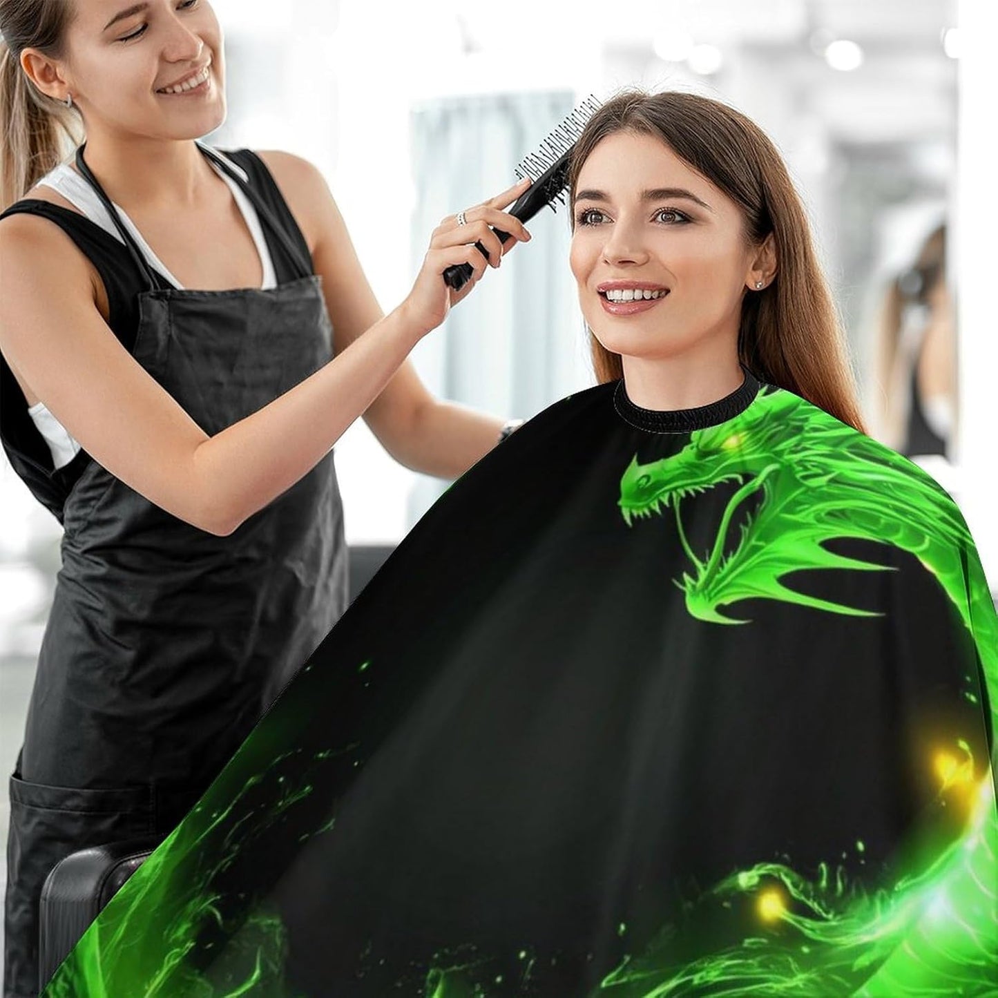 Salon Cape for Adults, Water Resistant Hair Cutting Salon Cape Extra Large Haircut Cloth Apron Cape Haircut Barber Gown (Green Fire Flame Dragon Black Art, 55x66 Inch)
