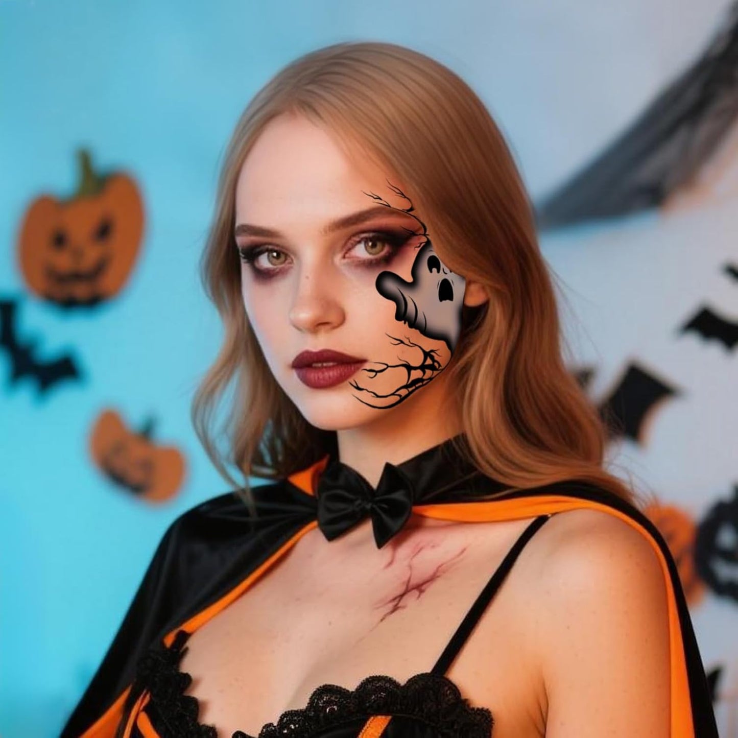 Halloween Ghost Tattoo, Scary Ghost Tattoos, Face Temporary Tattoo Sticker, Temporary Makeup Tattoo Stickers for Halloween Cosplay Party DIY Decorations - 8Pcs