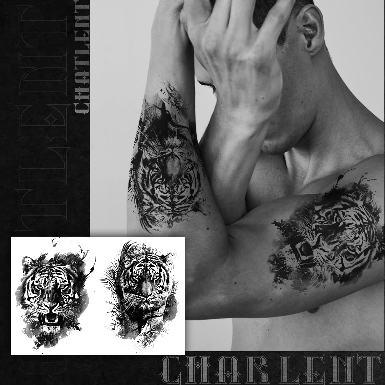 CHARLNET 18 Pcs Realistic Tiger Bear Lion Wolf Temporary Tattoos for Men Adults - Black Fake Animals Tattoo Stickers for Men Women Adult Body Art Arm Chest Shoulder