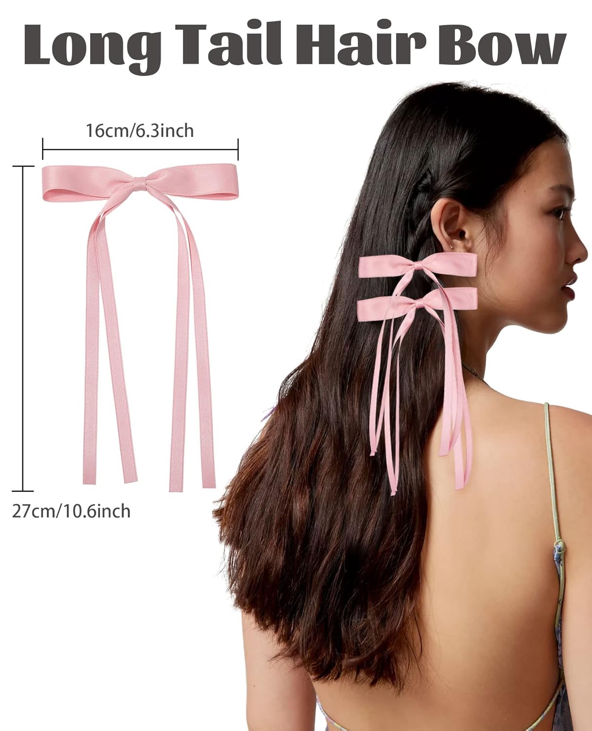 AWAYTR Silky Satin Hair Bow Clip, 3 Pack - Pink, Beige, Black (Long tail, Hair Accessory, Hair Securing, Women, All Ages, Hair Clip)