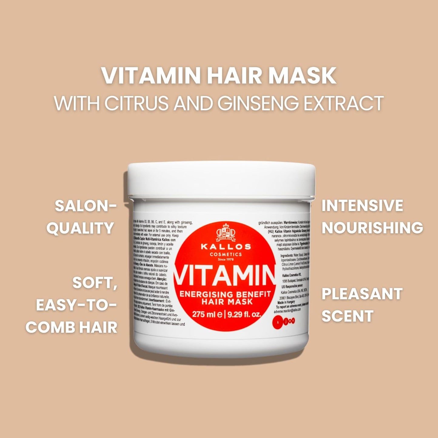 Kallos KJMN Vitamin Energising Hair Mask with ginseng extract and avocado oil 275 ml - 9,29 Fl Oz