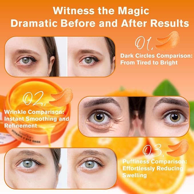 Vitamin C Eye Patches 2-Pack 120 PCS, Improving Skin Tone, Reducing Dark Circles and Refreshing, Collagen Eye Mask for Puffy Eyes, Suitable for Both Men and Women