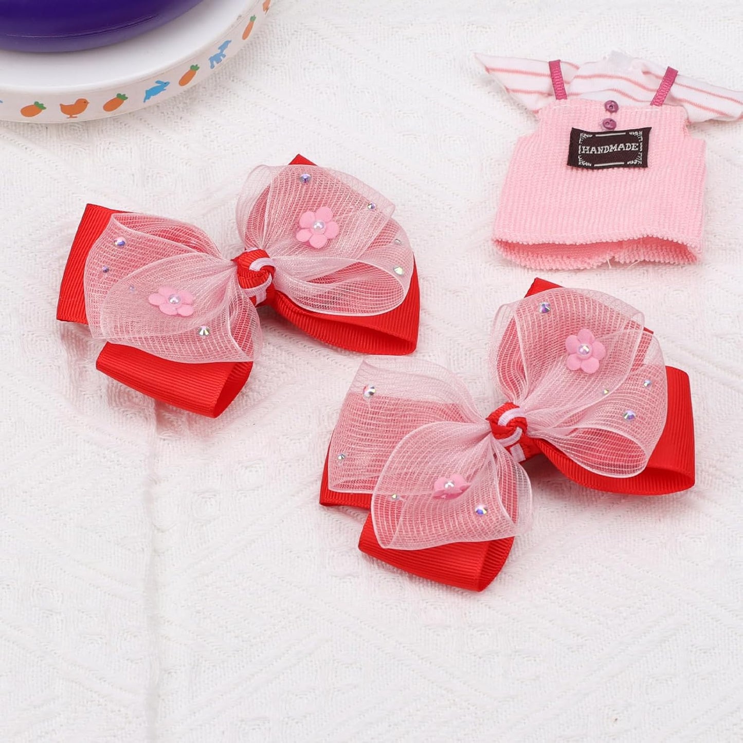 KISZU 4.5 Inch Flower Hair Bow Clips, Organza Bows with Pearls Big Hair Accessories for Baby Girls Kids Children Teens and Women (Red)