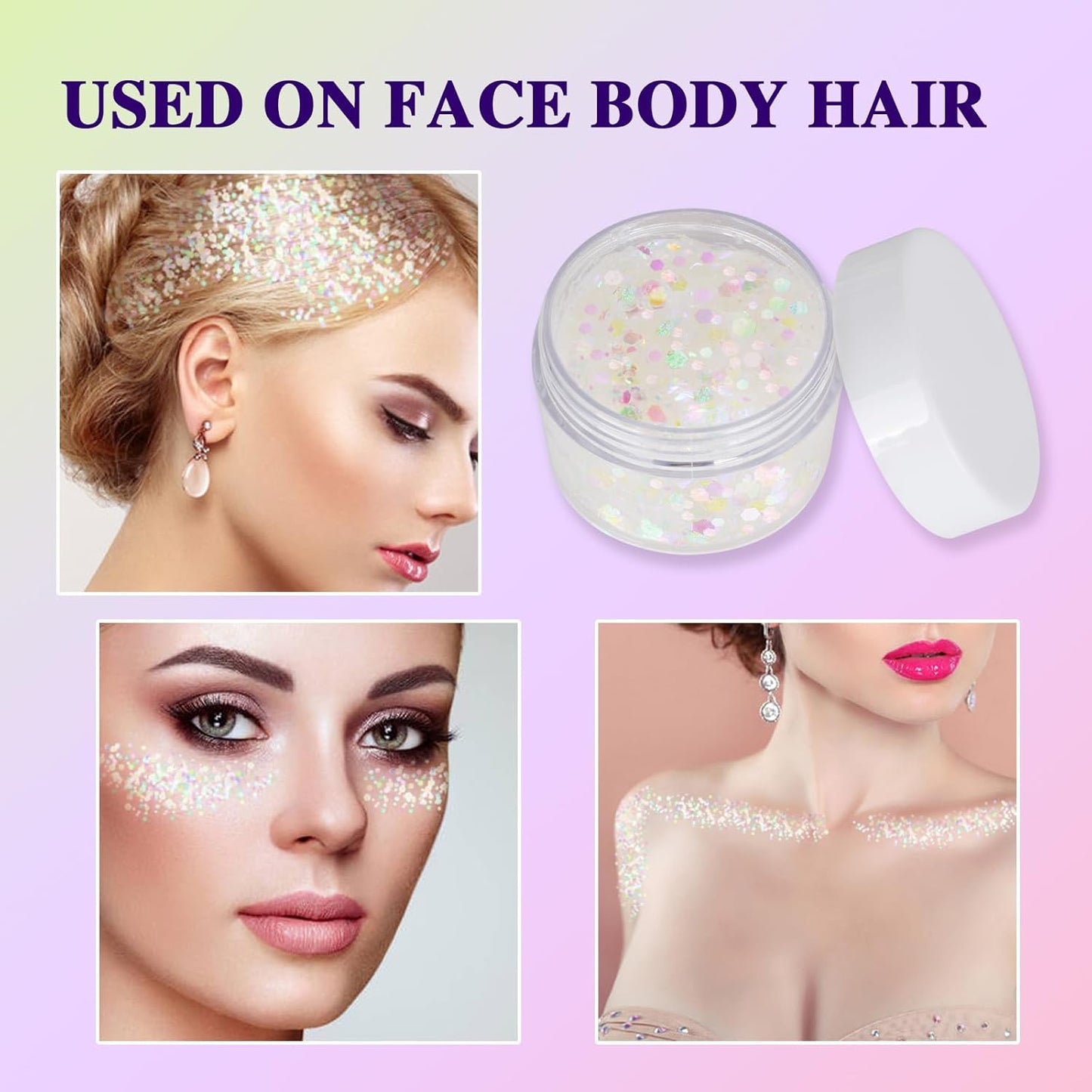White Face Glitter Gel,Singer Concerts Festival Rave Accessories,Mermaid Body Glitter,Carnival Halloween Hair Glitter Sequins Face Glitter Paint Makeup,Sparkling Chunky for Women&Kids