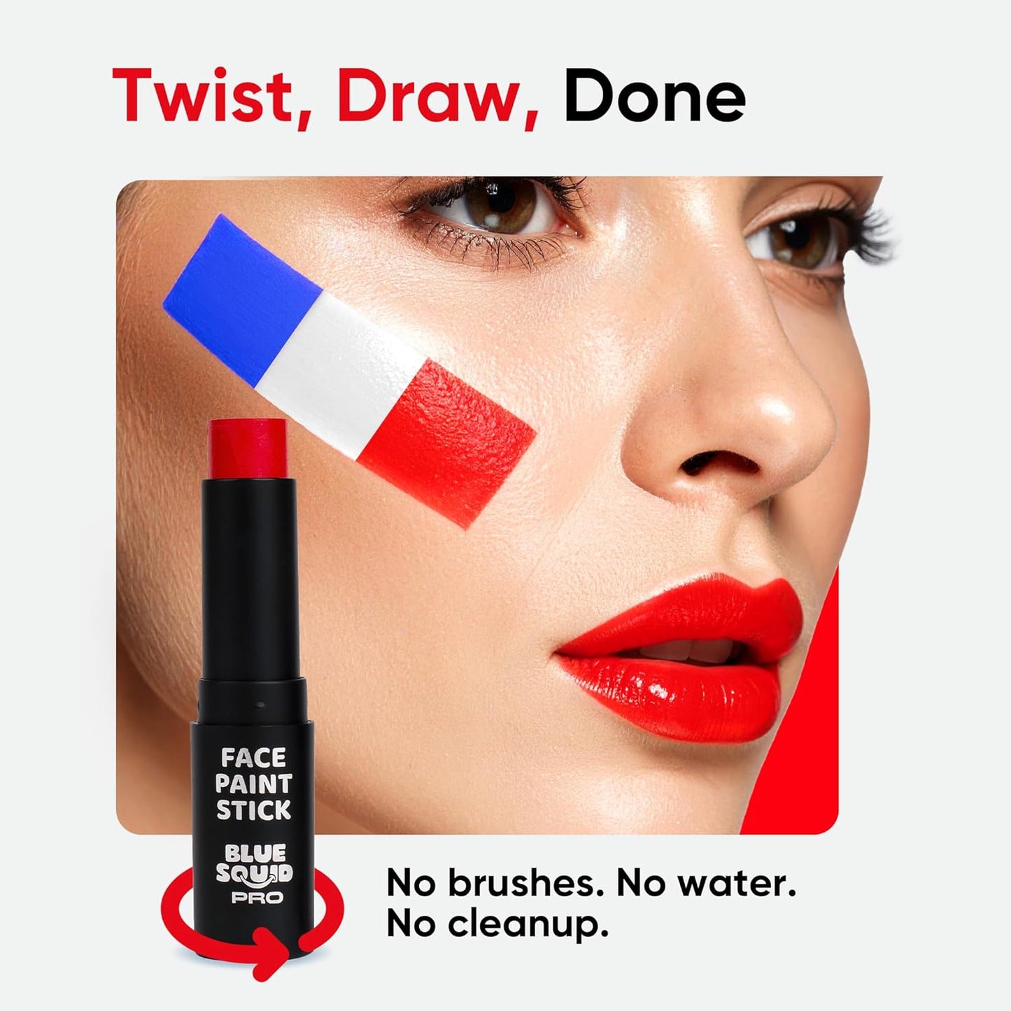 Blue Squid PRO Red White Blue Face Paint Stick - Waterproof Body Paint For Adults & Kids Eye Black Baseball, Eyeblack Softball - Hypoallergenic Twist-Up Non-Toxic Makeup Stick - Cosplay, Sports & SFX