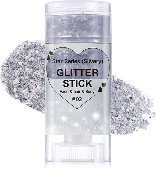 Silver Body Glitter Stick, Halloween Face Glitter Makeup,Holographic Hair Glitters Mermaid Makeup Rave Outfits for Women, Shimmer Face Paint Stick for Christmas (Silver)