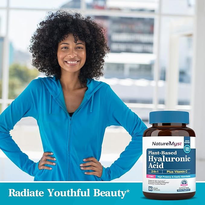 Hyaluronic Acid Supplement, with Vitamin C, 250mg Plant-Based HA, 90 Vegan Caps, for Skin & Eyes, Collagen Production, Easily Absorbable
